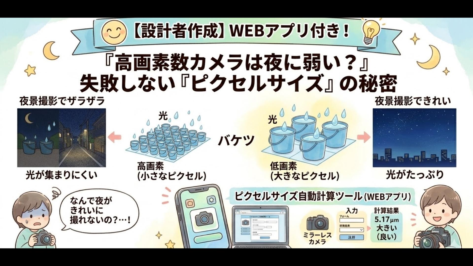 【カメラ設計者が教える】高画素数カメラは画質が悪い？夜の撮影で失敗しない「ピクセルサイズ」を自動計算ツールで確認しよう！
