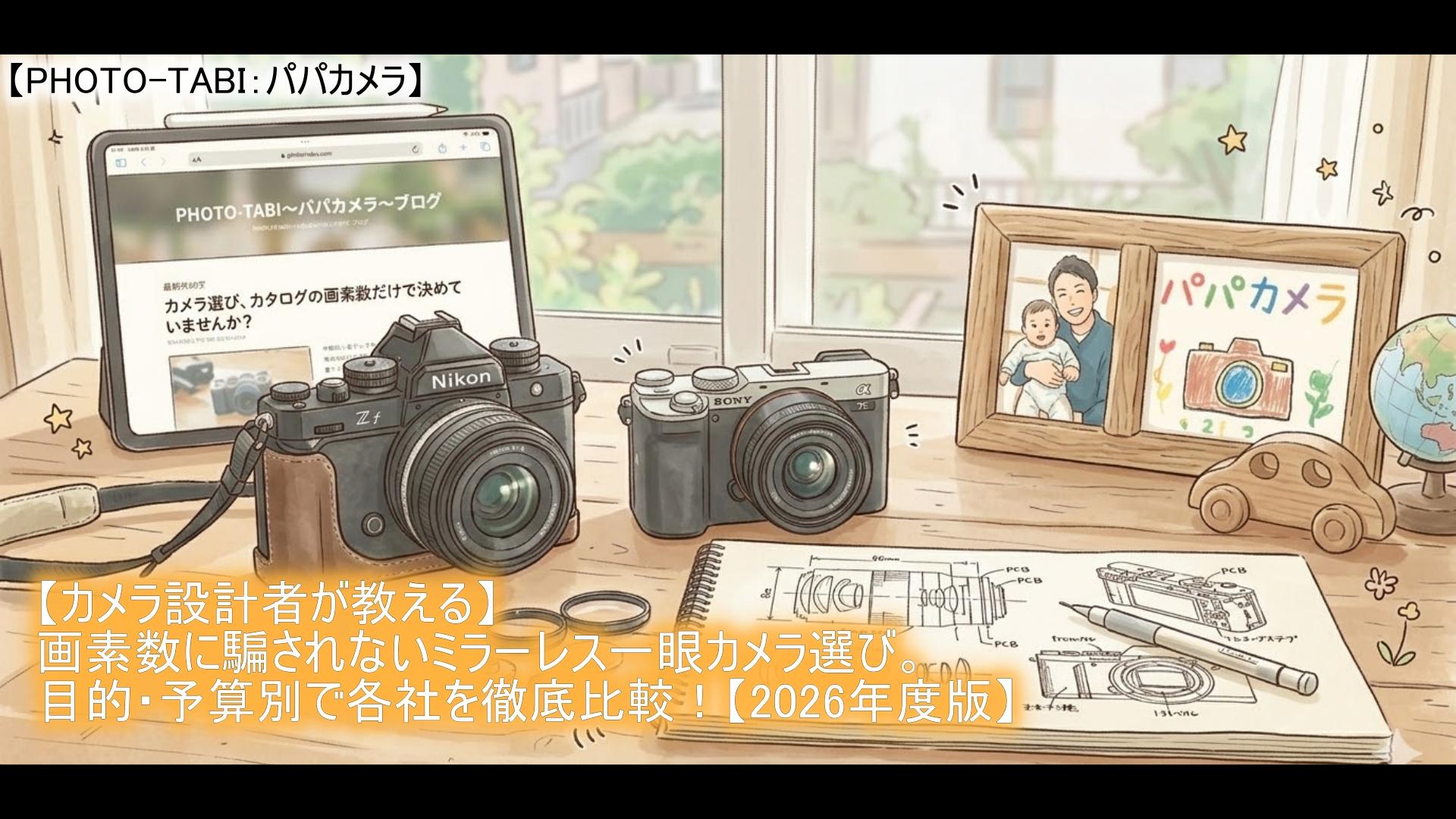 【カメラ設計者が教える】画素数に騙されないミラーレス一眼カメラ選び。目的・予算別で各社を徹底比較！【2026年度版】