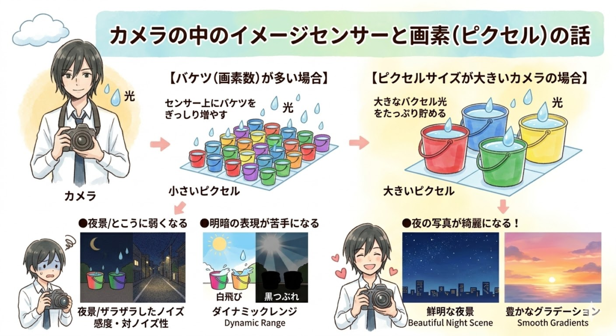 イメージセンサのピクセルサイズを説明。ピクセルサイズが大きいほど夜の撮影に強く、画素数が高いとノイズに弱い可能性がある。