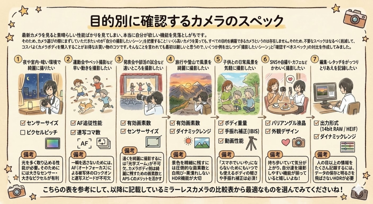一眼カメラ・ミラーレスカメラ選びの際に気を付けること。目的別のミラーレス一眼カメラ選びのスペック